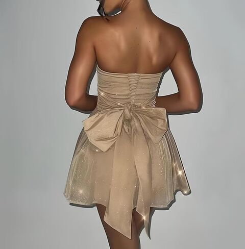 Glitter Tulle Homecoming Dresses with Bow Sparky A Line Mini Cocktail Party Gowns Strapless Pleated Short Prom Dress in Saudi Arabia