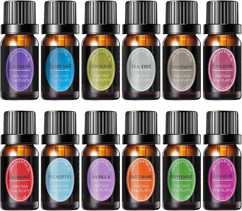 مجموعة زيوت عطرية طبيعية نقية 100% - أفضل 12 زيتًا عضويًا غير مخفف للعلاج بالنباتات العطرية، وصناعة الشموع، وعطر الغسيل، ومرطبات الهواء، والعناية بالبشرة (0.33 أونصة سائلة، 12 عبوة) in Kuwait