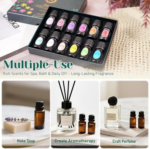 مجموعة زيوت عطرية طبيعية نقية 100% - أفضل 12 زيتًا عضويًا غير مخفف للعلاج بالنباتات العطرية، وصناعة الشموع، وعطر الغسيل، ومرطبات الهواء، والعناية بالبشرة (0.33 أونصة سائلة، 12 عبوة) in Kuwait