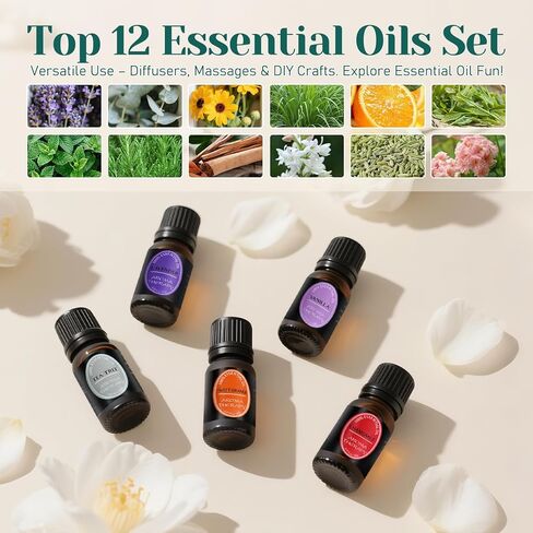 مجموعة زيوت عطرية طبيعية نقية 100% - أفضل 12 زيتًا عضويًا غير مخفف للعلاج بالنباتات العطرية، وصناعة الشموع، وعطر الغسيل، ومرطبات الهواء، والعناية بالبشرة (0.33 أونصة سائلة، 12 عبوة) in Kuwait