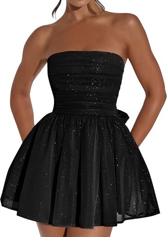 Glitter Tulle Homecoming Dresses with Bow Sparky A Line Mini Cocktail Party Gowns Strapless Pleated Short Prom Dress in Saudi Arabia