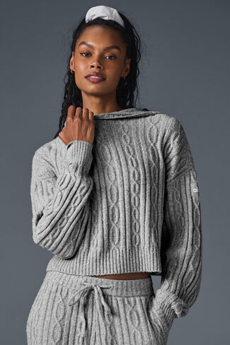 Alo Yoga Cable Knit Winter Bliss Hoodie - Athletic Heather Grey in Saudi Arabia