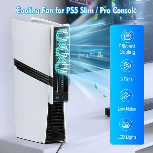 Cooling Fan for PS5 Slim Console, Auto Power On/Off for PS5 Slim Cooling Fan, for PS5 Slim Cooler Accessorie with 2 Speed Fans USB 3.0 Port for PS5 Slim Digital & Discs Edition in Kuwait