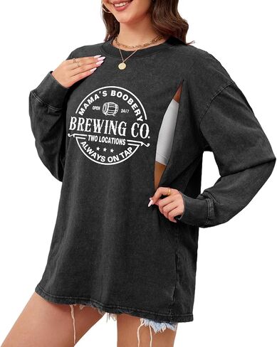 Womens Nursing Shirts for Breastfeeding Zipper Mama Maternity Long Sleeve T Shirt Oversized Graphic Acid Wash Tops in Kuwait