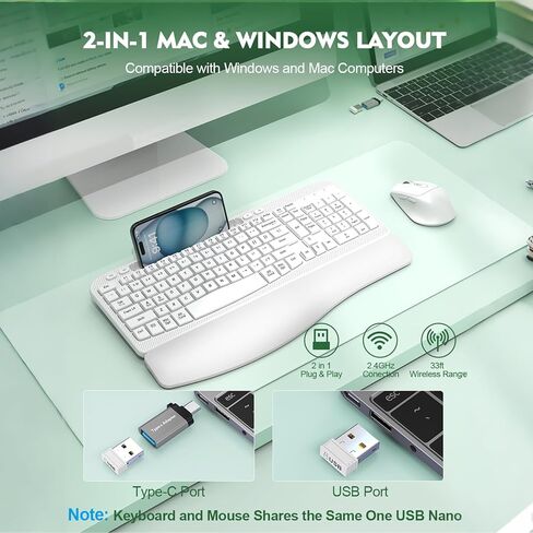 مجموعة لوحة مفاتيح وماوس لاسلكية، لوحة مفاتيح مريحة لاسلكية EAYBLLY Wave Keys مع مسند معصم مبطن، حامل هاتف، مجموعة ماوس لوحة مفاتيح لاسلكية صامتة 2.4 جيجا هرتز للكمبيوتر والكمبيوتر المحمول والكمبيوتر الشخصي والنوافذ in Kuwait