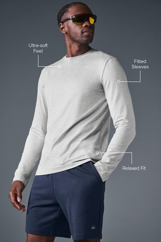 Alo Yoga Conquer Reform Crewneck كم طويل - رمادي رياضي منقط in Kuwait