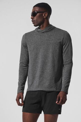 Alo Yoga Conquer Reform Long Sleeve With Hood - Dark Heather Grey in Saudi Arabia