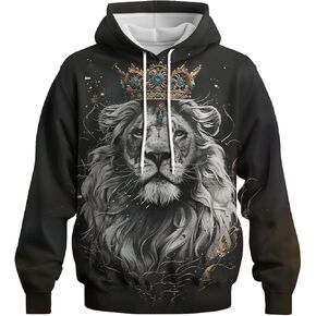 كنزة صوفية رجالية بطباعة الأسد الملك ثلاثية الأبعاد مع قلنسوة وأكمام طويلة، بلوفر كاجوال بجيوب in Kuwait