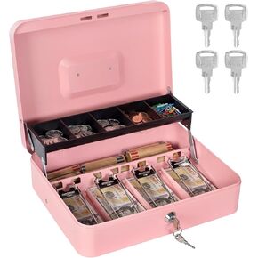 Cash Box with Money Tray and Lock, Metal Money Box for Cash Register, Large Cash Lock Box for Money Safe Includes 5 Slots Coin Tray with Cover, 4 Bill Slots, 4 Keys, 11.8" x 9.4" x 3.54" Black in Kuwait