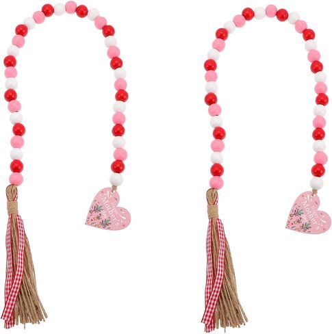 LOGOFUN 2pcs Mother's Day Wood Beads Garland with Tassel Happy Mother's Day Wooden Bead String Farmhouse Rustic Wood Beads Garland for Wall Hanging Decor in Saudi Arabia