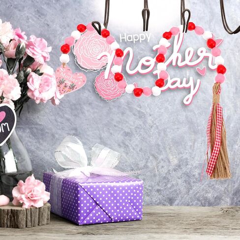 LOGOFUN 2pcs Mother's Day Wood Beads Garland with Tassel Happy Mother's Day Wooden Bead String Farmhouse Rustic Wood Beads Garland for Wall Hanging Decor in Saudi Arabia