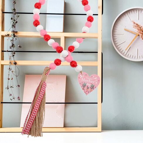 LOGOFUN 2pcs Mother's Day Wood Beads Garland with Tassel Happy Mother's Day Wooden Bead String Farmhouse Rustic Wood Beads Garland for Wall Hanging Decor in Saudi Arabia