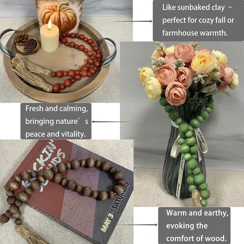 مجموعة من 3 أكاليل من الخرز الخشبي، ديكور شرابة بوهو للمزرعة للصينية المتدرجة والوعاء والطاولة والعباءة والعطلات والخريف والكريسماس والمنزل اليومي (أبيض طبيعي + ذهبي وردي + ذهبي محيطي) in Kuwait