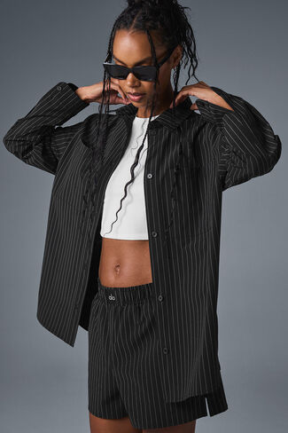 Alo Yoga Pinstripe Daylight Button Down Long Sleeve - Black/Titanium in Saudi Arabia