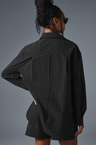 Alo Yoga Pinstripe Daylight Button Down Long Sleeve - Black/Titanium in Saudi Arabia