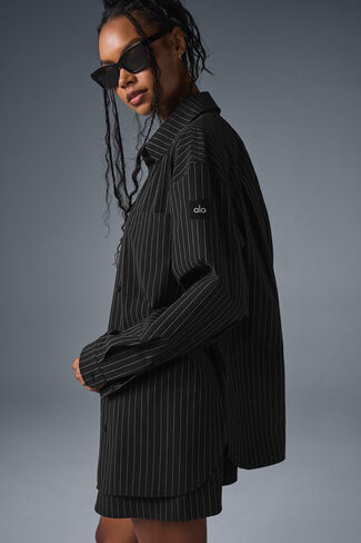 Alo Yoga Pinstripe Daylight Button Down Long Sleeve - Black/Titanium in Saudi Arabia
