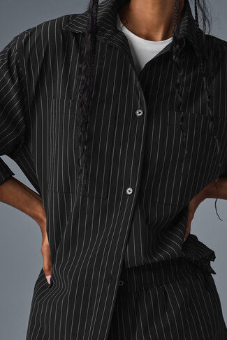 Alo Yoga Pinstripe Daylight Button Down Long Sleeve - Black/Titanium in Saudi Arabia