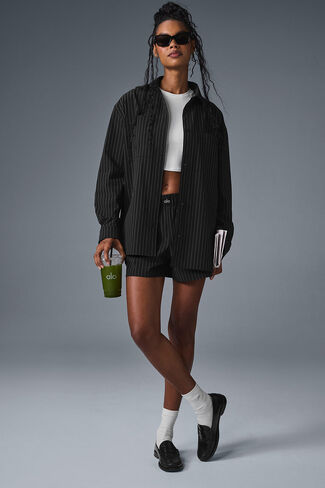 Alo Yoga Pinstripe Daylight Button Down Long Sleeve - Black/Titanium in Saudi Arabia