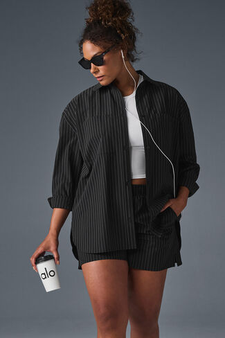 Alo Yoga Pinstripe Daylight Button Down Long Sleeve - Black/Titanium in Saudi Arabia