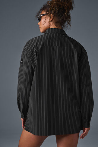 Alo Yoga Pinstripe Daylight Button Down Long Sleeve - Black/Titanium in Saudi Arabia