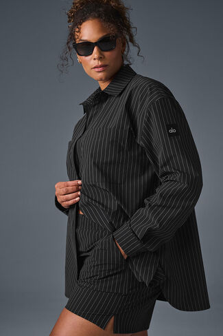 Alo Yoga Pinstripe Daylight Button Down Long Sleeve - Black/Titanium in Saudi Arabia