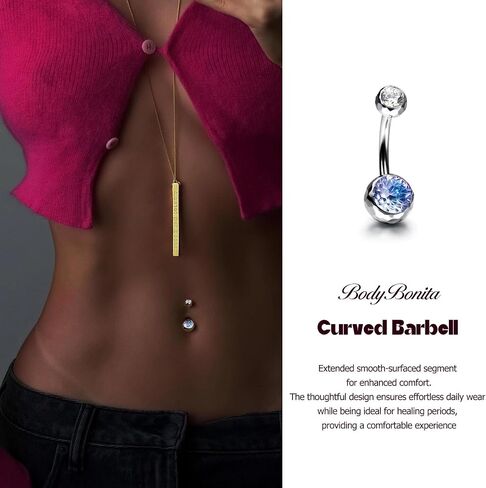 BodyBonita حلقة زر البطن المتغيرة اللون 14 جرام، G23 التيتانيوم ملولبة داخليًا ثقب زر البطن، حلقات البطن المنحنية، حلقات السرة للنساء مع شريط 10/12/14/16 مم، فضي in Saudi Arabia