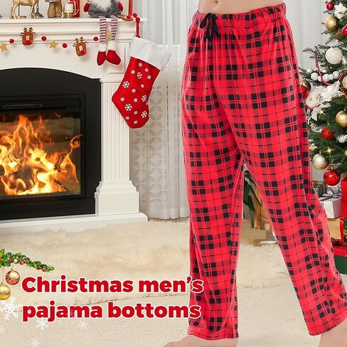 Plaid Pajama Pants Men, Soft Fleece Sleepwear with Pockets Warm Microfleece Pjs Bottoms | Sleep & Lounge in Kuwait