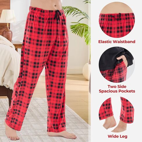 Plaid Pajama Pants Men, Soft Fleece Sleepwear with Pockets Warm Microfleece Pjs Bottoms | Sleep & Lounge in Kuwait