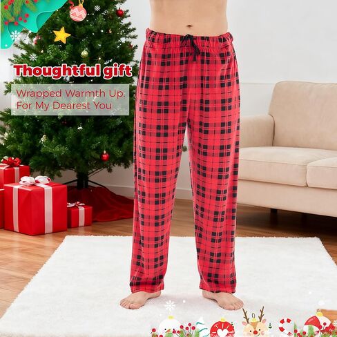 Plaid Pajama Pants Men, Soft Fleece Sleepwear with Pockets Warm Microfleece Pjs Bottoms | Sleep & Lounge in Kuwait