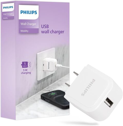 شاحن حائط USB بقوة 32 واط من فيليبس، يتضمن منفذي USB-A (12 واط) ومنفذ USB-C واحد (20 واط)، قابس مدمج قابل للطي، معتمد من USB، أبيض، DLP1032Q/37 in Kuwait