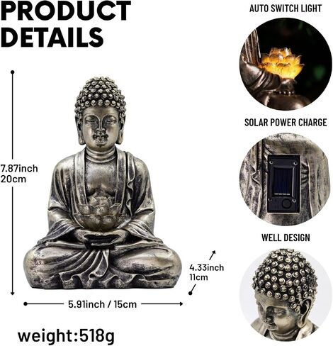 تمثال بوذا لوتس مع أضواء شمسية، تمثال LED من الراتنج لديكور الحديقة - هدية فريدة للنساء والأصدقاء (بوذا الرمادي) in Saudi Arabia