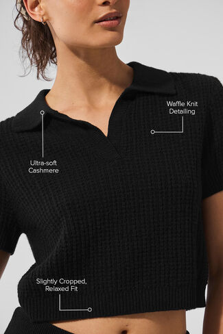 Alo Yoga Cashmere Plush Waffle Polo Tee - Black in Saudi Arabia