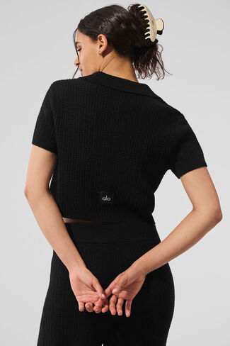 Alo Yoga Cashmere Plush Waffle Polo Tee - Black in Saudi Arabia
