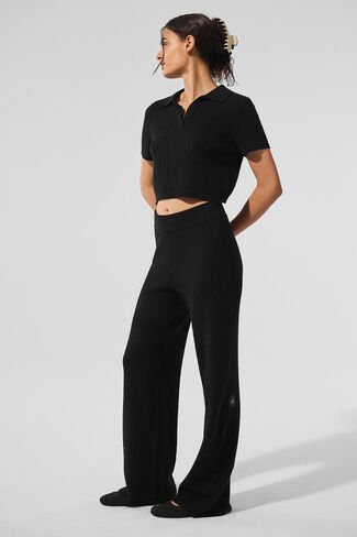 Alo Yoga Cashmere Plush Waffle Polo Tee - Black in Saudi Arabia