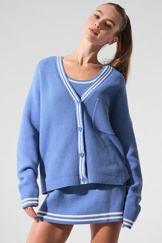 Alo Yoga Tennis Club Sweater Knit Cardigan - Crystal Clear Blue/White in Saudi Arabia