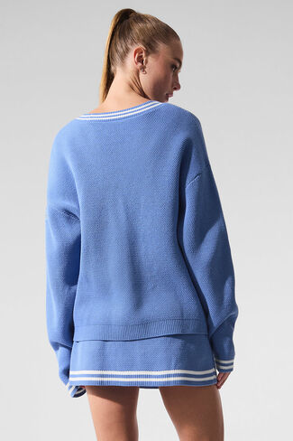 Alo Yoga Tennis Club Sweater Knit Cardigan - Crystal Clear Blue/White in Saudi Arabia