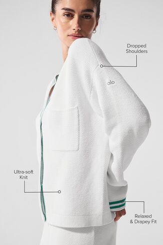 Alo Yoga Tennis Club Sweater Knit Cardigan - White/Spruce Green in Saudi Arabia