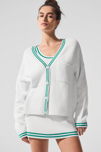 Alo Yoga Tennis Club Sweater Knit Cardigan - White/Spruce Green in Saudi Arabia