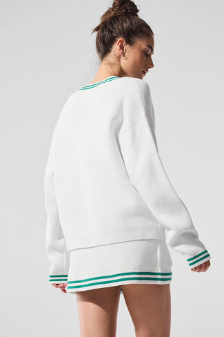 Alo Yoga Tennis Club Sweater Knit Cardigan - White/Spruce Green in Saudi Arabia
