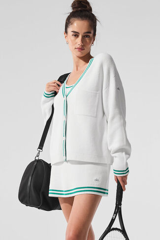 Alo Yoga Tennis Club Sweater Knit Cardigan - White/Spruce Green in Saudi Arabia