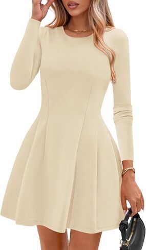 PRETTYGARDEN Long Sleeve Mini Dress for Women 2025 Fall Crewneck Knit Pleated Babydoll A Line Soft Casual Short Party Dresses in Saudi Arabia
