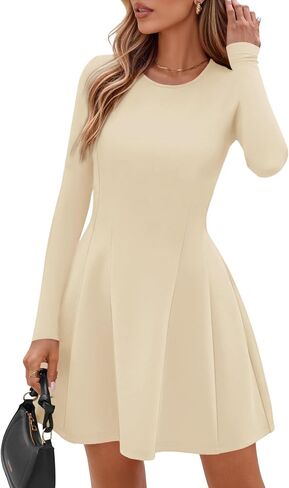 PRETTYGARDEN Long Sleeve Mini Dress for Women 2025 Fall Crewneck Knit Pleated Babydoll A Line Soft Casual Short Party Dresses in Saudi Arabia