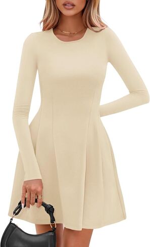 PRETTYGARDEN Long Sleeve Mini Dress for Women 2025 Fall Crewneck Knit Pleated Babydoll A Line Soft Casual Short Party Dresses in Saudi Arabia