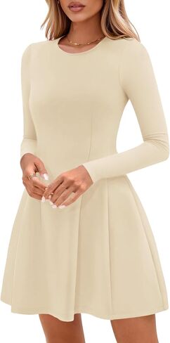 PRETTYGARDEN Long Sleeve Mini Dress for Women 2025 Fall Crewneck Knit Pleated Babydoll A Line Soft Casual Short Party Dresses in Saudi Arabia