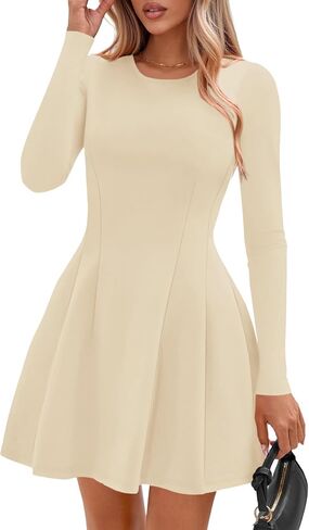 PRETTYGARDEN Long Sleeve Mini Dress for Women 2025 Fall Crewneck Knit Pleated Babydoll A Line Soft Casual Short Party Dresses in Saudi Arabia
