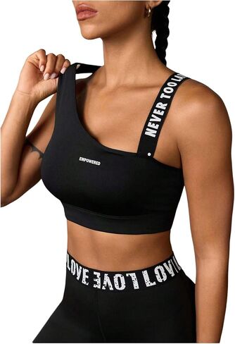 OYOANGLE Women's Letter Print Sports Bra Asymmetrical Neck Cut Out Medium Support Workout Yoga Bras in Saudi Arabia