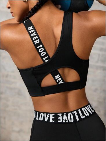 OYOANGLE Women's Letter Print Sports Bra Asymmetrical Neck Cut Out Medium Support Workout Yoga Bras in Saudi Arabia