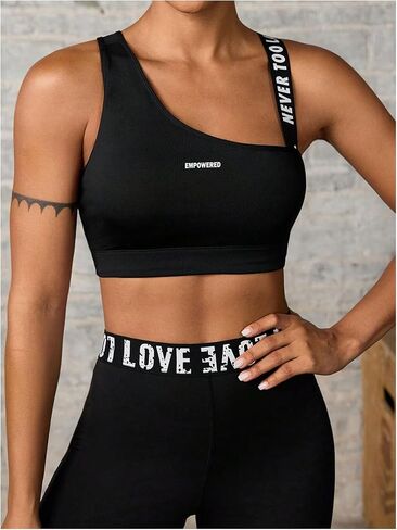 OYOANGLE Women's Letter Print Sports Bra Asymmetrical Neck Cut Out Medium Support Workout Yoga Bras in Saudi Arabia