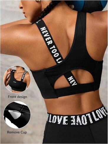 OYOANGLE Women's Letter Print Sports Bra Asymmetrical Neck Cut Out Medium Support Workout Yoga Bras in Saudi Arabia