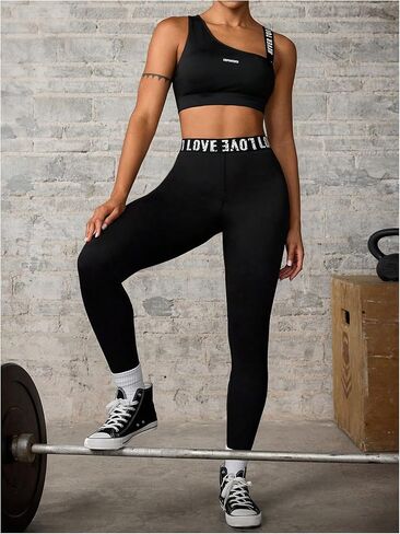 OYOANGLE Women's Letter Print Sports Bra Asymmetrical Neck Cut Out Medium Support Workout Yoga Bras in Saudi Arabia